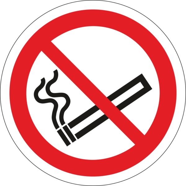 No smoking safety sign. 100mm diameter circle. self adhesive red and black symbol