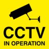 cctv in operation sign, 100mm x 100mm self adhesive vinyl, black text, yellow background