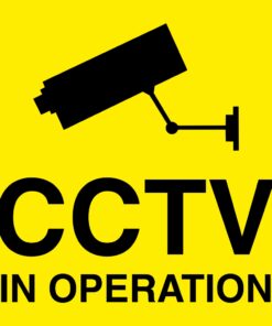 cctv in operation sign, 100mm x 100mm self adhesive vinyl, black text, yellow background