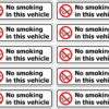 no smoking in this vehicle, pack of 10 self adhesive vinyl, black text, white background with symbol