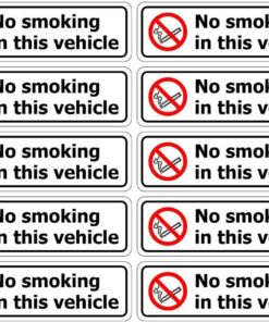 no smoking in this vehicle, pack of 10 self adhesive vinyl, black text, white background with symbol