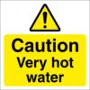 caution very hot water sign, 100mm x 100mm self adhesive vinyl, black text, yellow and white background