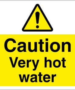 caution very hot water sign, 100mm x 100mm self adhesive vinyl, black text, yellow and white background