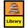 Library dementia self adhesive sign, 150mm x 200mm, orange and yellow with black text