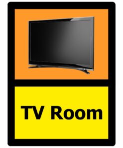 TV room dementia sign, self adhesive vinyl, 150mm x 200mm, orange, yellow with black text and image