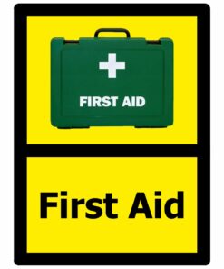 First Aid dementia sign, self adhesive vinyl, 150mm x 200mm, yellow background, black text with first aid box image