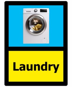 Laundry dementia sign, self adhesive vinyl, blue and yellow background, black text with washing machine image, 150mm x 200mm