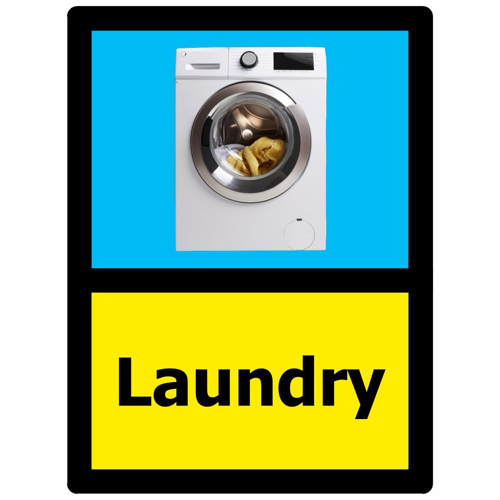 Laundry dementia sign, self adhesive vinyl, blue and yellow background, black text with washing machine image, 150mm x 200mm