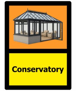 conservatory dementia sign, self adhesive vinyl, 150mmx 200mm, orange and yellow background, black text with image