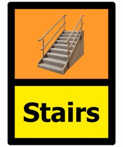 stairs dementia sign, self adhesive vinyl, 150mm x 200mm, orange, yellow background, black text with image