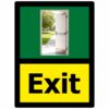 Exit dementia sign, self adhesive vinyl, 150mm x 200mm, green and yellow background, black text with image