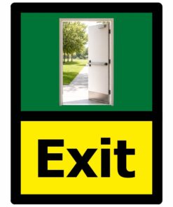 Exit dementia sign, self adhesive vinyl, 150mm x 200mm, green and yellow background, black text with image