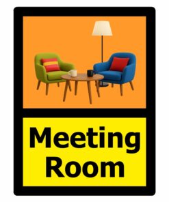 meeting room dementia friendly sign orange and yellow background with black text